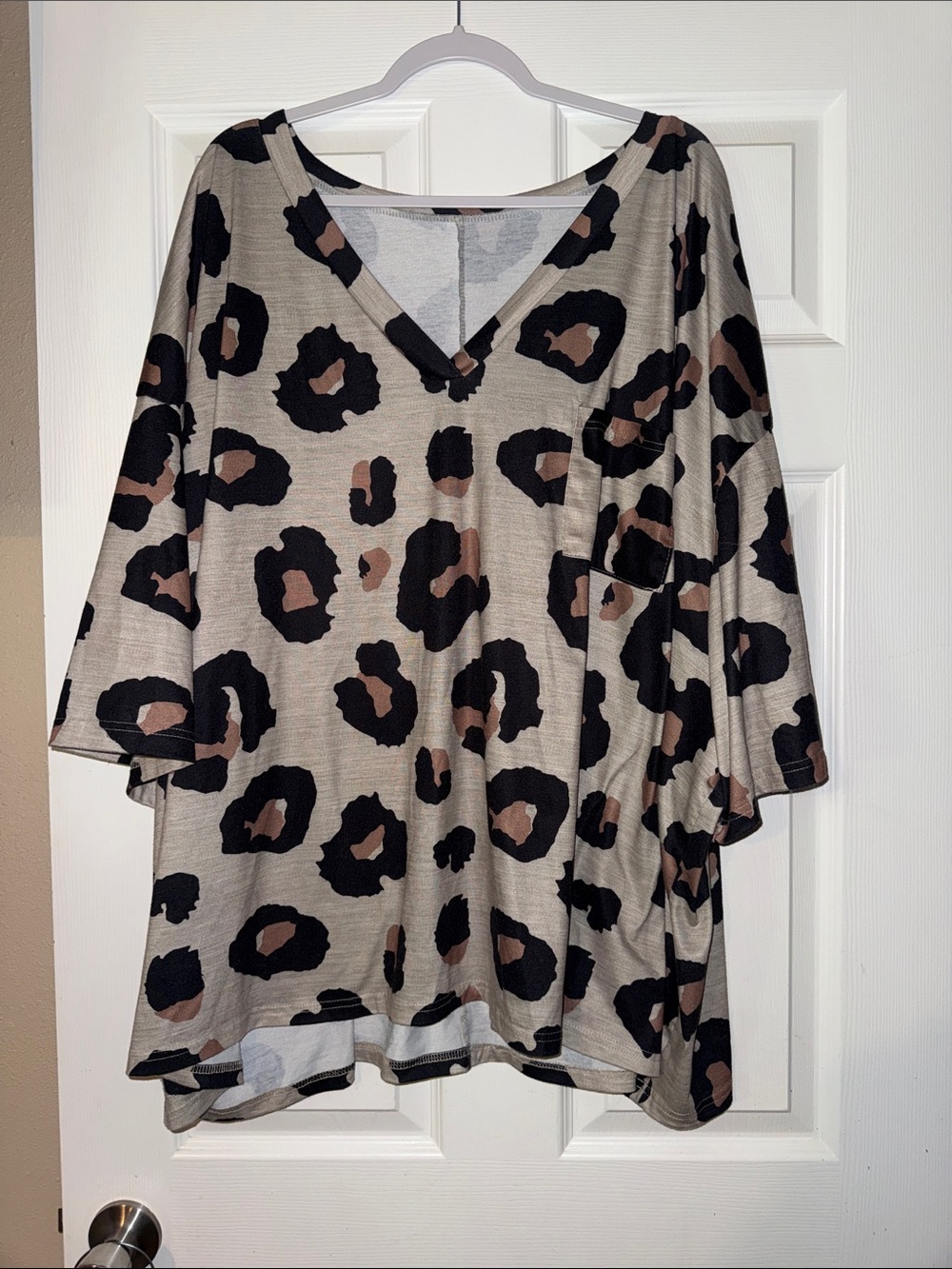 SHEIN Beige Leopard Print V-Neck Tunic with Black and Brown Spots